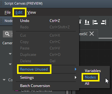 Removing all unused nodes from a graph in the Script Canvas Editor.