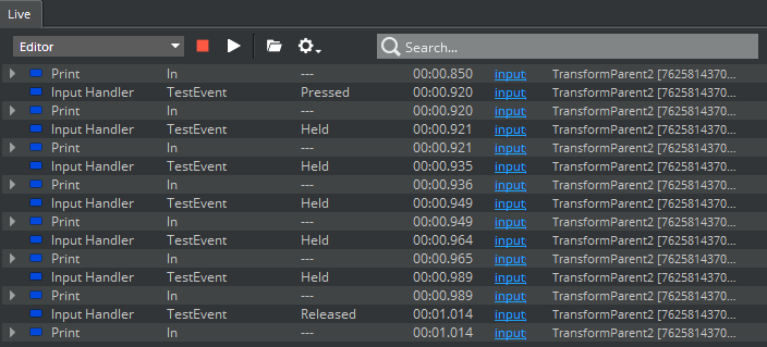 Data being captured in the Script Canvas debugger.