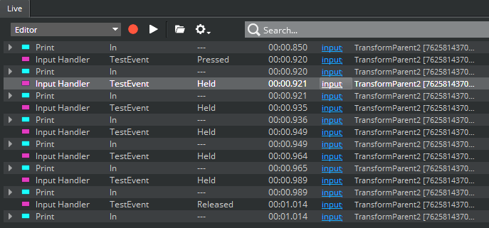 Captured data in the Script Canvas debugger.