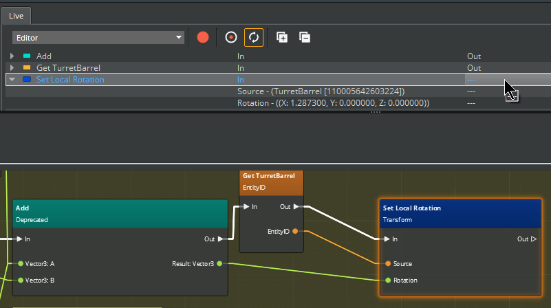 Choosing a debugger line to show the corresponding node on a Script Canvas graph.