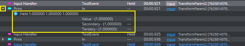 Expanding a log message to reveal its data.