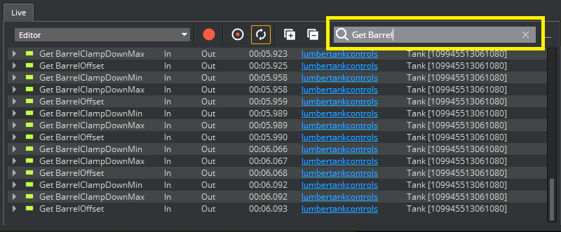 Using search to find specific nodes in the Script Canvas debugger.