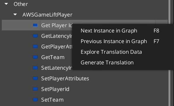 Context menu displayed after right-clicking an AWSGameLiftPlayer node