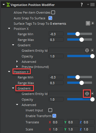 In the Vegetation Position Modifier component&rsquo;s properties, under Position Y, Gradient, next to Gradient Entity Id, click the target.