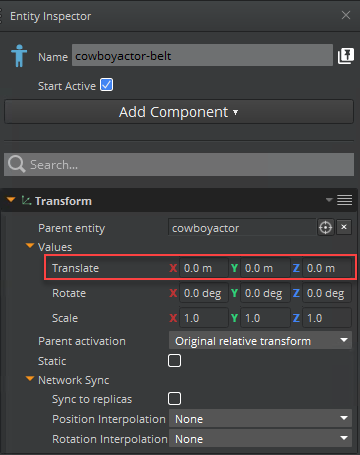 Change the Translate values to 0 on each child entity to line it up with the parent.