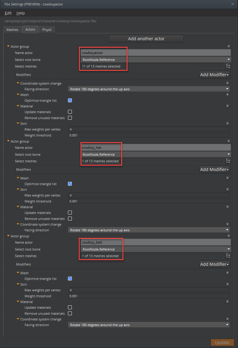 Create multiple actor groups from a single FBX file in the FBX Settings tool.