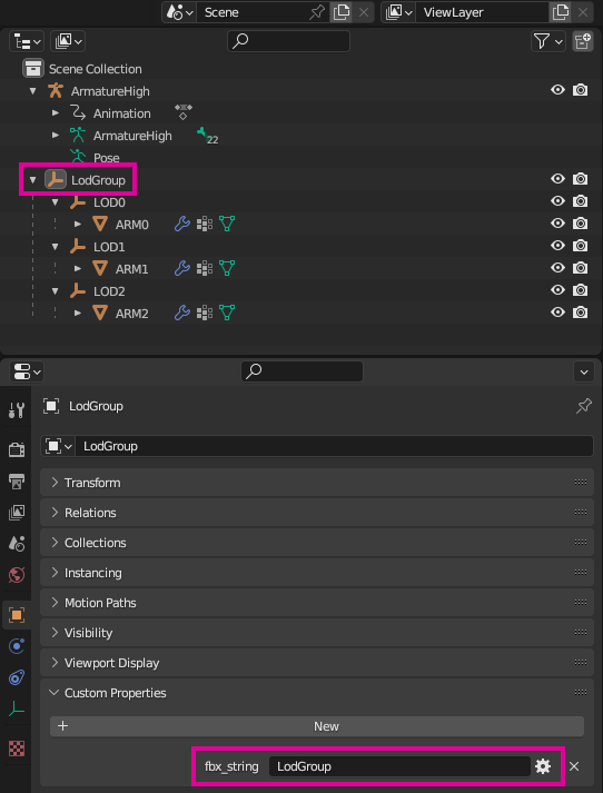 An example LodGroup setup in Blender.