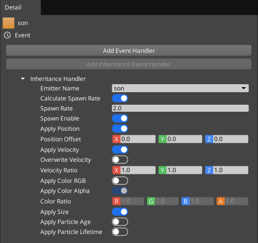 A screenshot of the child emitter properties, which have the properties for the Inheritance Handler shown. Particle Event Listener