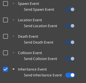 A screenshot of the parameters for the `Event` module, with the `Inheritance Event` property subproperty `Send Inheritance Event` set to `ON` Particle Event Sender