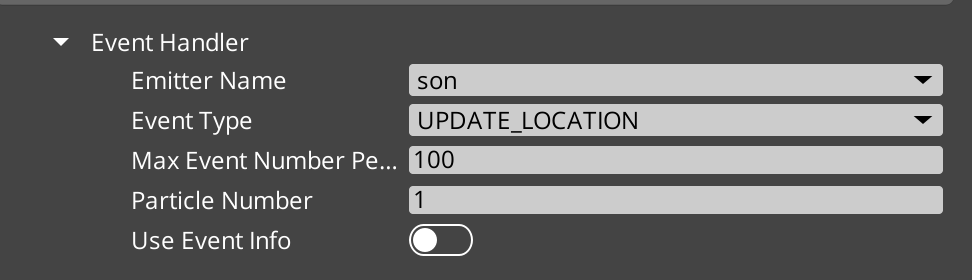A screenshot of the properties grid for the regular event handler. Particle Event Handler Properties